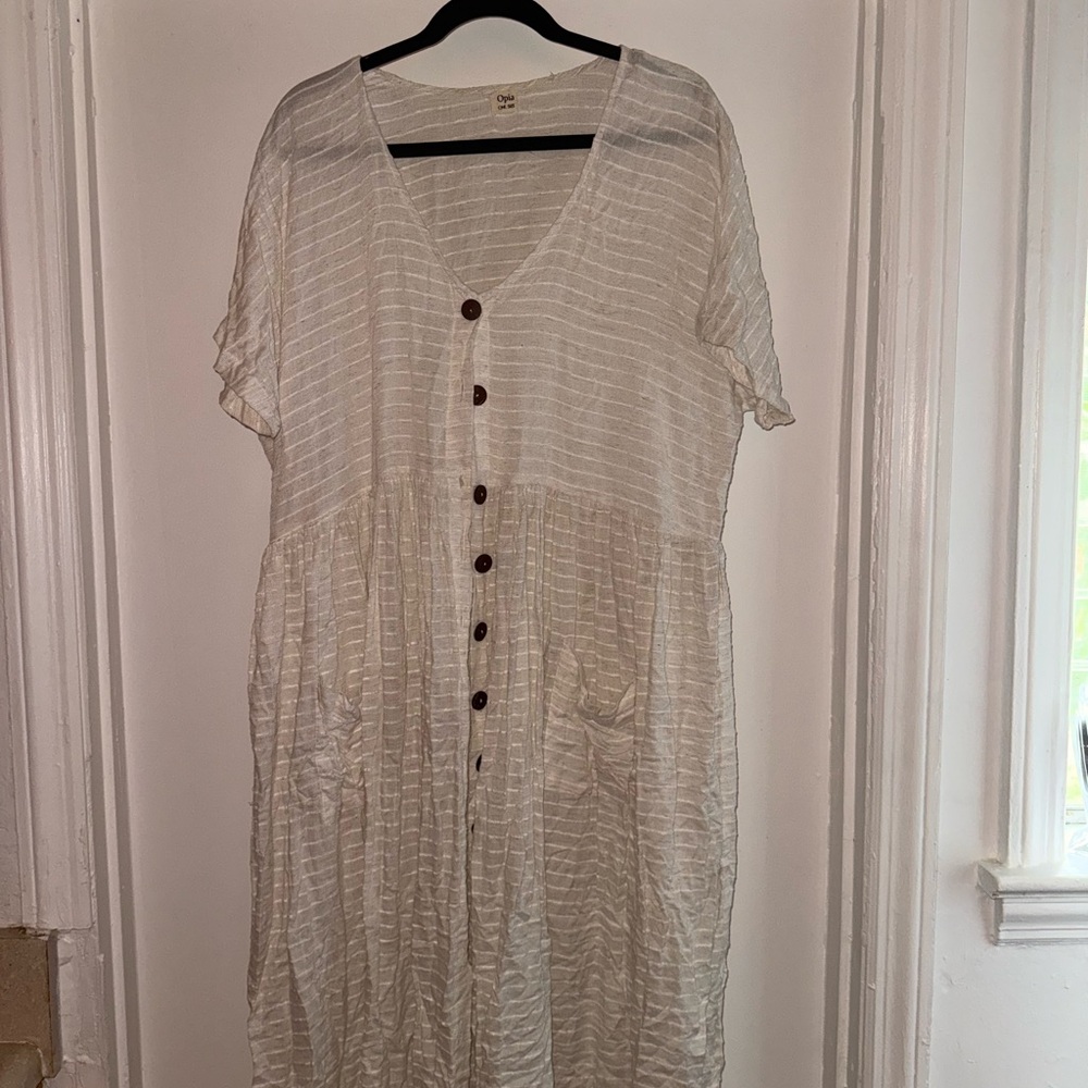 OPIA Handmade 100% Cotton Maxi Striped Cream Button-Down Dress